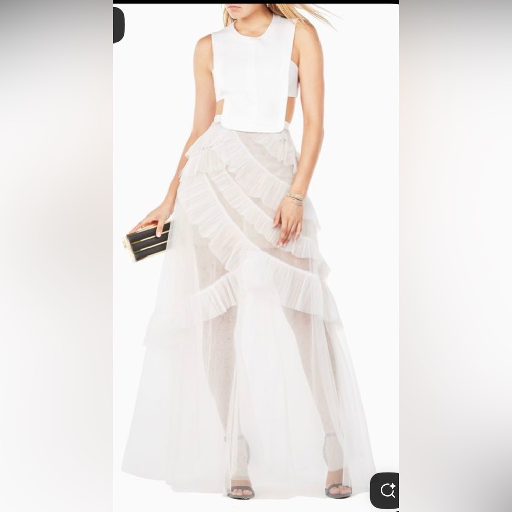 BCBGMaxAzria Avalon White Ruffle Dress Tulle High Low Gown Size 6
